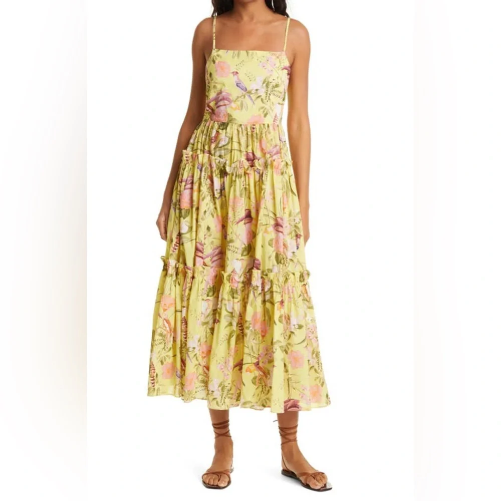Cara Cara Midi Yellow Harbour Island Dress In Tropical Birds SMALL - Picture 5 of 16